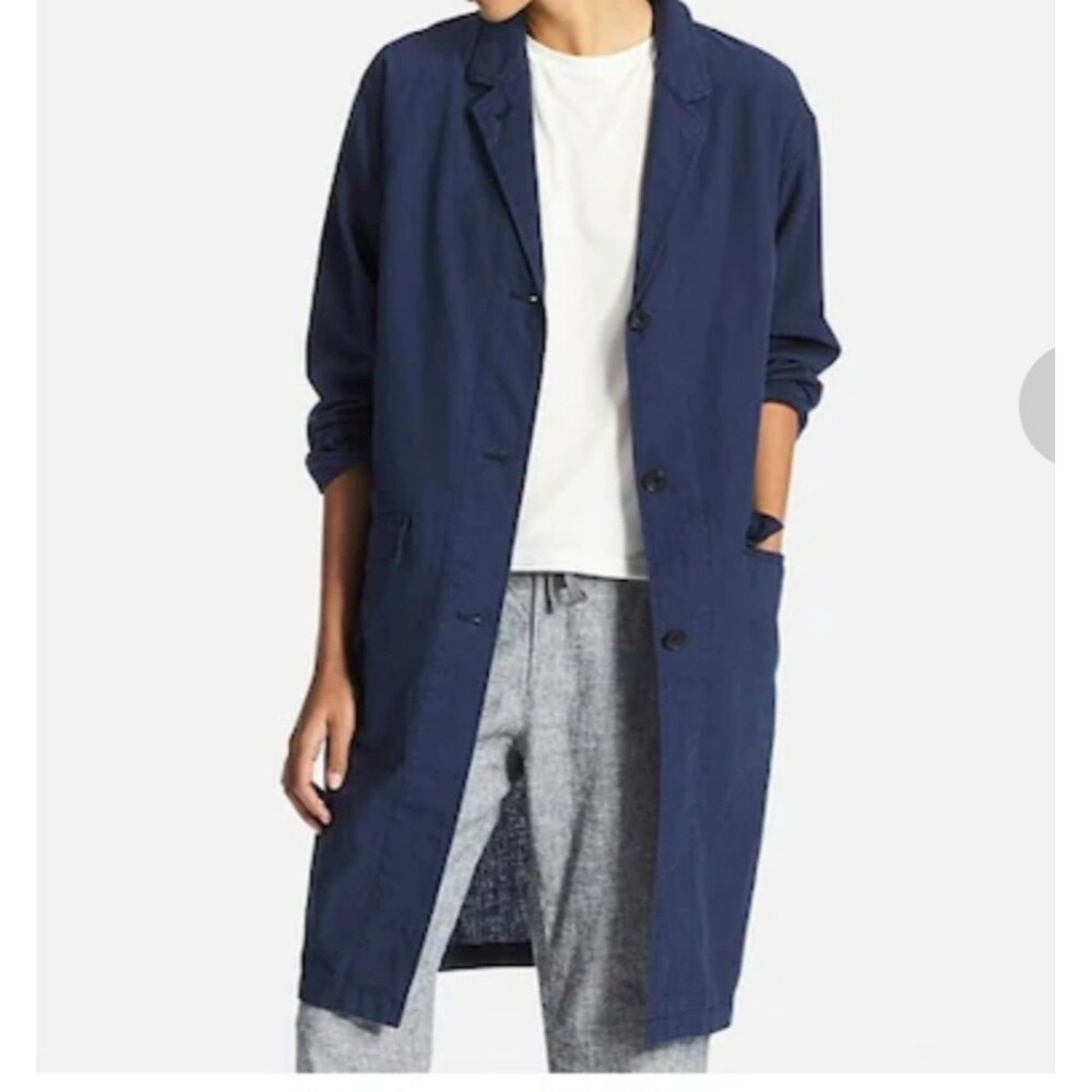 Uniqlo linen blend casual coat navy blue pockets oversized lounge size XS beach